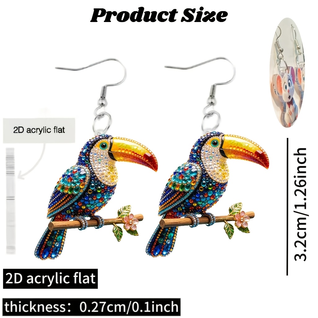 2D Acrylic Toucan Pattern Chain Pendant Earrings, Cute Gift